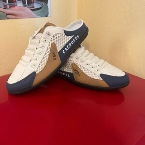 Men's Casual Sneakers - White, Brown, and Blue